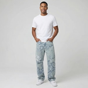Denimjeans voor heren met kunstprint | Verontrust grafisch ontwerp