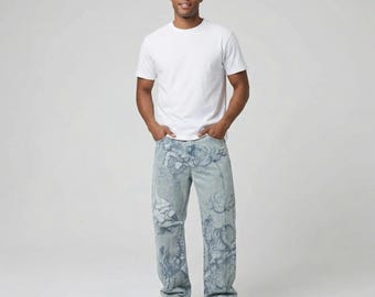 Men's Art Print Denim Jeans | Distressed Graphic Design