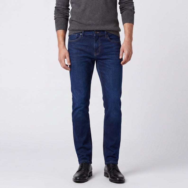 May include: Dark wash blue denim jeans with a classic five-pocket design. The jeans have a straight leg fit and are paired with a dark gray long-sleeve sweater and black leather dress shoes. The outfit is suitable for casual or semi-formal occasions.