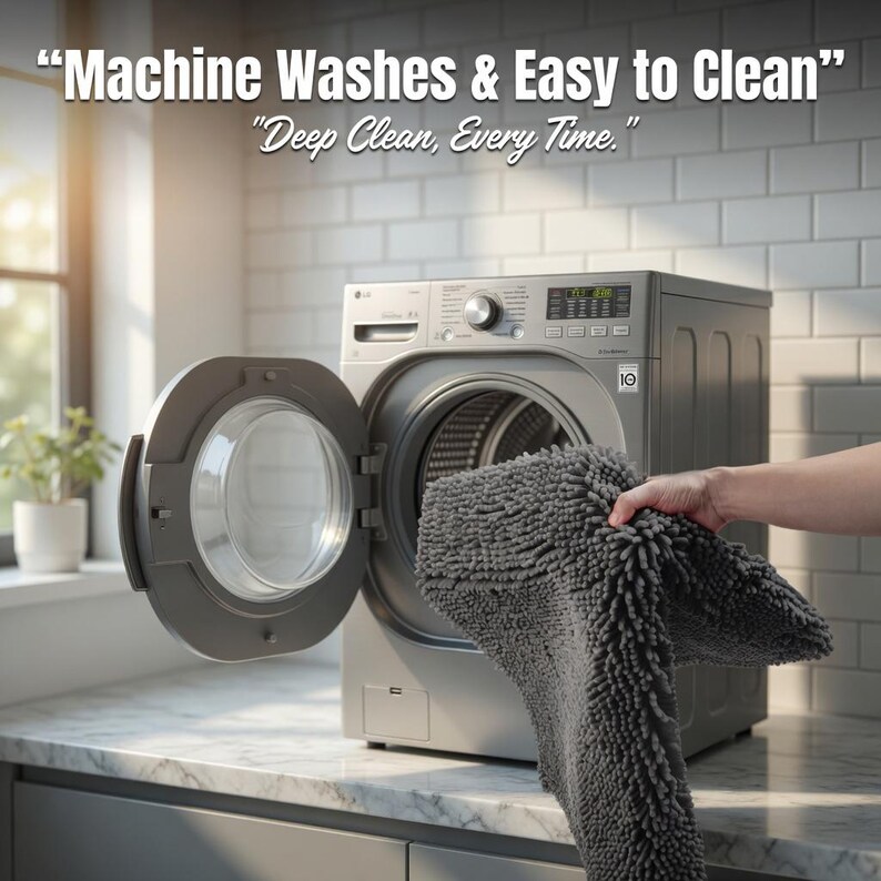 May include: A silver washing machine with an open door, holding a grey bath mat. The text reads "Machine Washes & Easy to Clean" and "Deep Clean, Every Time."