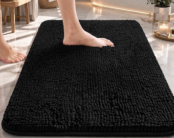Black Chenille Bath Rug 30x20, Soft Absorbent Quick Dry, Machine Washable Floor Mat
