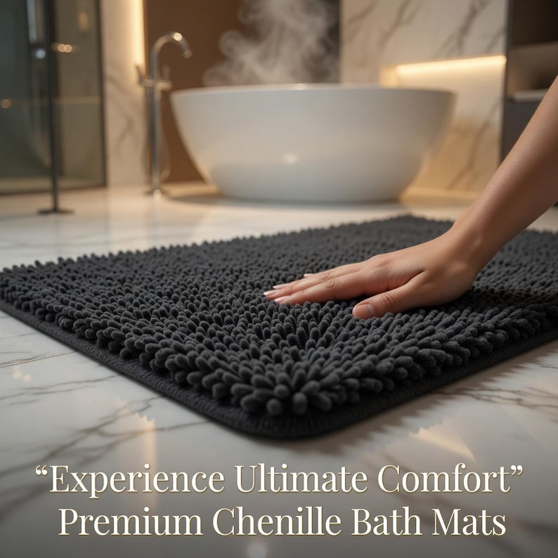 May include: A dark grey chenille bath mat with a textured surface. The mat is rectangular and has rounded corners. The text "Experience Ultimate Comfort" and "Premium Chenille Bath Mats" is visible.