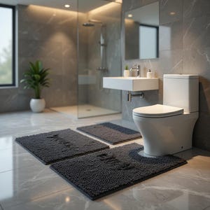 May include: A contemporary bathroom with a white toilet, a wall-mounted sink, and a shower enclosure. Dark grey bath mats are on the floor. A potted plant adds a touch of green. The walls are light grey with a marble effect.