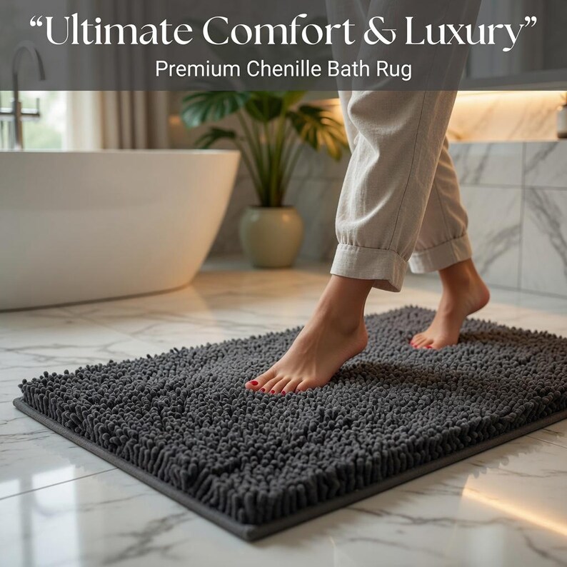 May include: A rectangular grey chenille bath rug with a textured surface and a dark grey border. The image includes the text "Ultimate Comfort & Luxury" and "Premium Chenille Bath Rug".