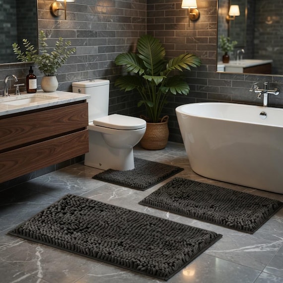 3-Piece Chenille Bathroom Rug Set, Non-Slip Washable Bath Mats, Absorbent Soft PVC Backing