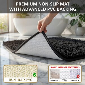 May include: A dark grey bath mat with a textured surface and a non-slip backing is shown. The mat is being lifted to reveal the white PVC backing. Text on the image reads "PREMIUM NON-SLIP MAT WITH ADVANCED PVC BACKING" and "RUN HELIX PVC".