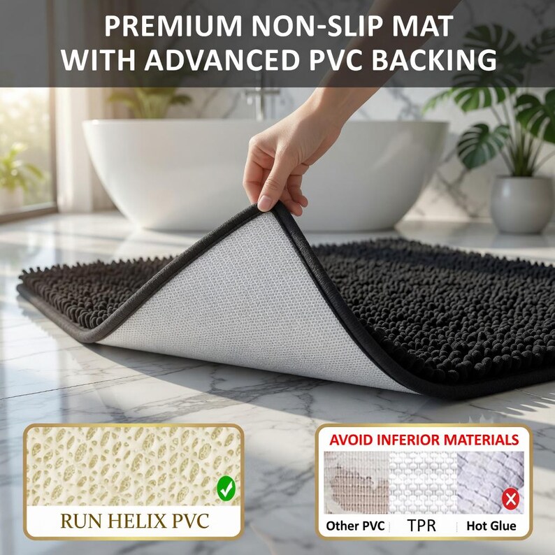 May include: A dark grey bath mat with a textured surface and a non-slip backing is shown. The mat is being lifted to reveal the white PVC backing. Text on the image reads "PREMIUM NON-SLIP MAT WITH ADVANCED PVC BACKING" and "RUN HELIX PVC".