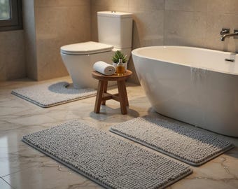Plush Chenille Bathroom Rug Set | 3-Piece Non-Slip, Machine Washable Mats