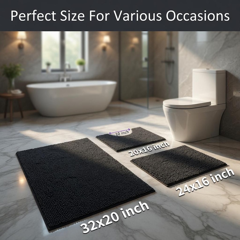 May include: Three black rectangular bath mats of varying sizes are displayed in a bathroom setting. The largest mat measures 81x51 cm, the medium mat is 51x41 cm, and the smallest is 25 cm. The text "Perfect Size For Various Occasions" is at the top.