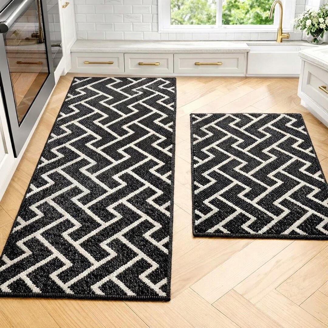 Dark Kitchen Rug Moroccan Black Kitchen Rug Set – Non-slip Polypropylene Mats - Etsy