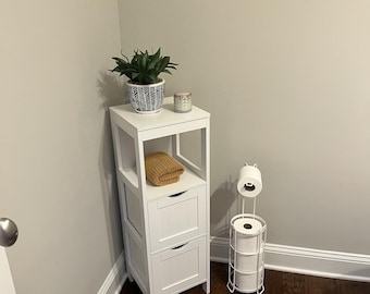 Slim Corner Storage Cabinet – White MDF Organizer with 2 Drawers, Open Shelf