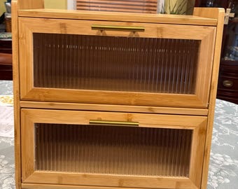 Large Bamboo Bread Box, Double Layer Wooden Storage, Frosted Acrylic Doors, Farmhouse Organizer