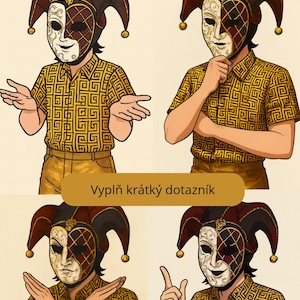 Può includere: Illustrazione di una persona con una maschera da arlecchino e una camicia fantasia, con il testo "Jaký jsi typ hráče?" sopra e "Vyplň krátký dotazník" sotto. La persona è mostrata in quattro pose diverse.