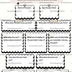 May include: A white worksheet with black text, titled "IFS PARTS MAPPING." It includes prompts like "Name of the part," "Age this part feels," and "When does this part show up most?" The worksheet is designed for emotional exploration.