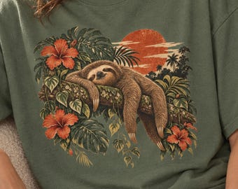 T-shirt paresseux, T-shirt vintage à motif paresseux tropical, Comfort Colors, illustration botanique et animalière, cadeau pour les amoureux de la nature