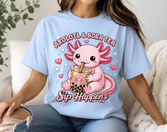 T-shirt, Axolotl rose buvant du thé au boba, T-shirt graphique Kawaii Bubble Tea