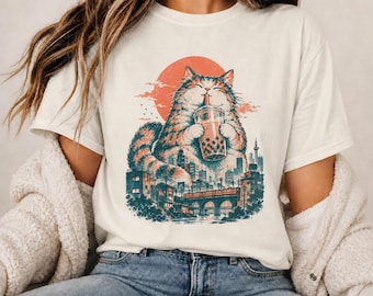 T-shirt chat japonais, T-shirt chat thé boba, T-shirt graphique chat mignon kawaii des villes, streetwear japonais, cadeau pour amoureux des chats