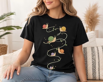 T-shirt escargot, chemise unisexe en coton à spirale avec illustration de jardin coloré