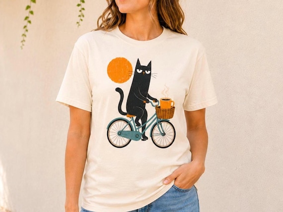Retro Cat Shirt, Ring-Spun Cotton with Bicycle Coffee Illustration