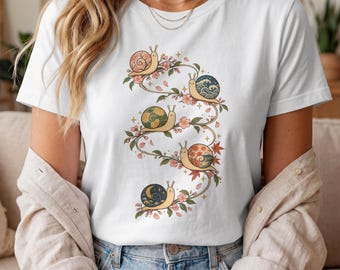 Japanese Snail T-Shirt, Whimsical Snail Shirt, Vintage Botanical Nature Tee, Floral Snail Illustration, Japanese Inspired Gift, Cute Cottage