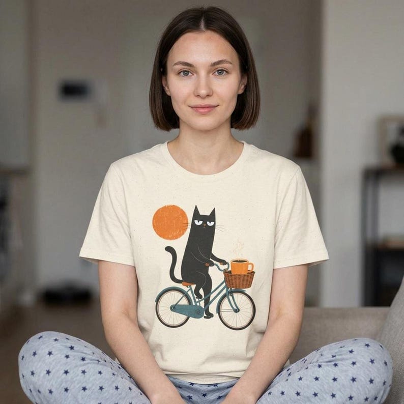 A woman sitting crossed-legged indoors wearing a cream t-shirt with the black cat and bicycle graphic and star-patterned pajama pants.