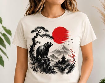 T-shirt unisexe « Paysage d'ours au soleil levant rouge » | Art de montagne à l'encre japonaise