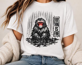 T-shirt singe des neiges japonais, T-shirt humoristique animalier « Tout va bien », T-shirt à l'humour sarcastique, Haut graphique à l'encre Sumi