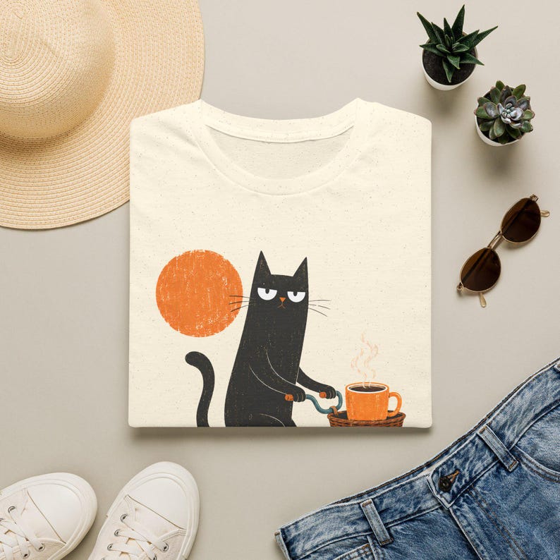 Flat lay of a folded cream t-shirt with a black cat on a bicycle graphic, surrounded by a straw hat, sunglasses, plants, and jeans.