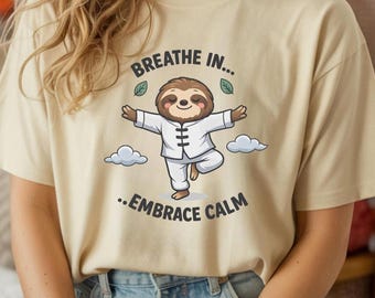 T-shirt de relaxation avec motif paresseux et yoga, en coton filé à l'anneau