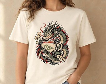 T-shirt Dragon Chinois, T-shirt graphique fantastique en coton filé à l'anneau