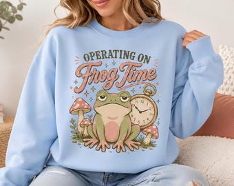 Sweat-shirt grenouille, motif cottagecore vintage avec champignons et montre de poche