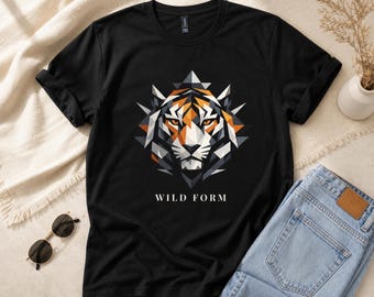 T-shirt unisexe en coton à motif tigre géométrique, style streetwear moderne.