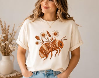 T-shirt unisexe floral abeille | T-shirt illustration d'abeille, chemise d'abeille tournesol