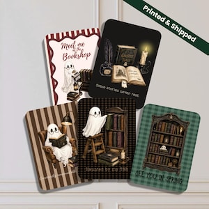 May include: Five rectangular cards featuring ghost illustrations. One shows a ghost with books and text "meet me at the Bookshop". Another has a ghost, ink, and "Some stories never rest". Others show ghosts reading in chairs, on ladders, or in bookshelves with text.