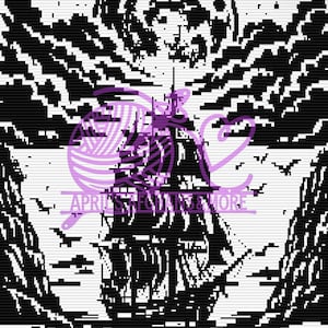 May include: Black and white pixelated illustration of a ship sailing on the sea under a full moon. The image includes clouds, birds, and mountains. The text "APRIL'S SPECIALTY & MORE" is overlaid on the image.