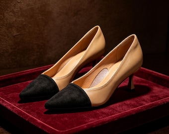 Customized insoles，Beige  Black Cap-Toe Kitten Heels, Two-Tone Leather Suede Pumps, Elegant Office  Everyday Shoes for Women