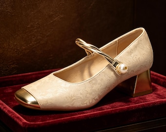 Customized insoles，Cream Jacquard Mary Jane Heels with Gold Toe Cap  Pearl Strap, Vintage Block Heel Shoes for Weddings  Bridesmaids