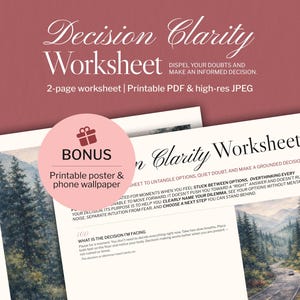 Puede incluir: Una hoja de trabajo imprimible de Claridad de Decisión con el texto "DISIPAR TUS DUDAS Y TOMAR UNA DECISIÓN INFORMADA". La hoja de trabajo incluye un póster imprimible y un fondo de pantalla para teléfono.
