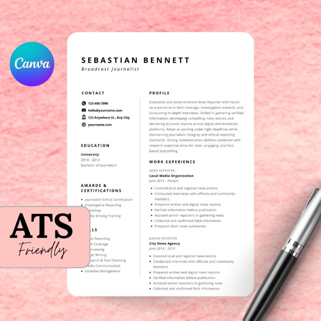 Broadcast Journalist Resume Template | ATS Friendly News Reporter CV ...