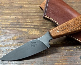 Handmade EDC Knife – 52100 Steel, Mesquite Handle, Leather Sheath | Hunting Camping Bushcraft