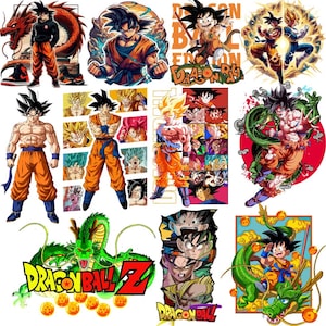 Puede incluir: Una colección de ilustraciones coloridas de personajes de Dragon Ball Z. Las imágenes presentan a Goku en varias poses y transformaciones, junto con otros personajes y el logotipo de Dragon Ball Z. Las ilustraciones son vibrantes y detalladas, con enfoque en la acción.