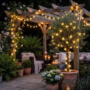 May include: Outdoor patio scene at night with a wooden pergola adorned with string lights. A small tree is wrapped in flower-shaped lights. Wicker furniture, potted plants, and lanterns create a cozy ambiance. The scene is illuminated by warm, inviting light.