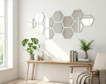 12 Hexagon Mirror Wall Stickers – Modern Wall Decor | DIY Adhesive Mirror Tiles, Living Room, Bedroom Decor, Geometric Design 80x70x40mm
