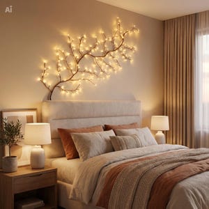 May include: A wall-mounted decorative branch light fixture featuring numerous small, warm-toned LED bulbs attached to a dark, slender, branching structure that extends horizontally across the wall above a bed with neutral-coloured bedding.