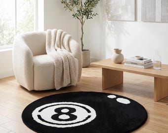 Tapis Rond 8 Ball 60x60 cm – Tapis Noir & Blanc Design | Tapis Moderne Salon, Tapis Chambre Aesthetic, Déco Tendance, Idée Cadeau