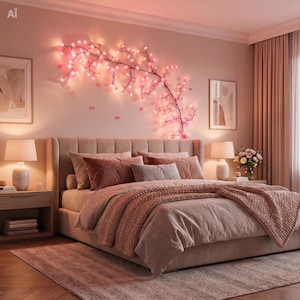Guirnalda de ramas de cerezo en flor, 36 LED, 120 cm, alimentación USB, enredadera luminosa con flores, decoración de pared para interiores, estilo sakura, ambiente romántico.