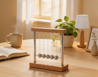 Wooden Newton’s Cradle Desk Decor – Kinetic Anti-Stress Sculpture – Relaxing Modern Office Ornament
