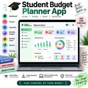Puede incluir: Una pantalla de ordenador portátil que muestra la interfaz de la aplicación Student Budget Planner con un panel de control, ingresos, gastos y objetivos de ahorro. La pantalla presenta gráficos, diagramas y datos financieros detallados.
