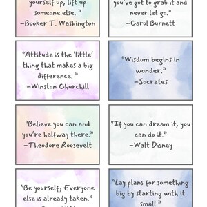 Puede incluir: Ocho tarjetas cuadradas con citas inspiradoras sobre fondos de acuarela. Las citas incluyen: "Si quieres levantarte, levanta a alguien más." y "Cuando tienes un sueño, tienes que agarrarlo y nunca dejarlo ir."