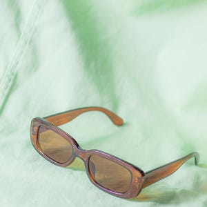 Può includere: Occhiali da sole rettangolari marroni con lenti colorate su un tessuto verde chiaro. Gli occhiali da sole hanno un design classico e retrò con una montatura leggermente arrotondata. Le lenti sono di un caldo colore marrone e la montatura è marrone scuro.